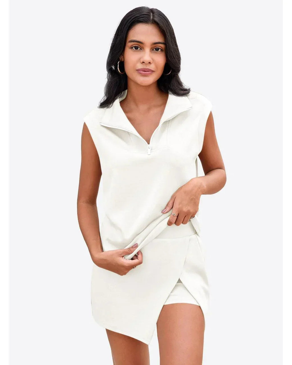 Women’s Summer 2 Piece Skirt Set – Sleeveless Half Zip Tennis Outfit