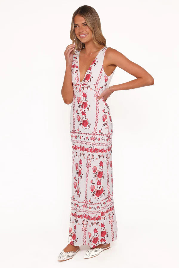 Amore Bias Cut Maxi Dress – Red Rose Floral Elegant Maxi Dress