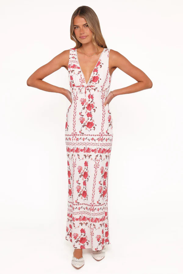 Amore Bias Cut Maxi Dress – Red Rose Floral Elegant Maxi Dress