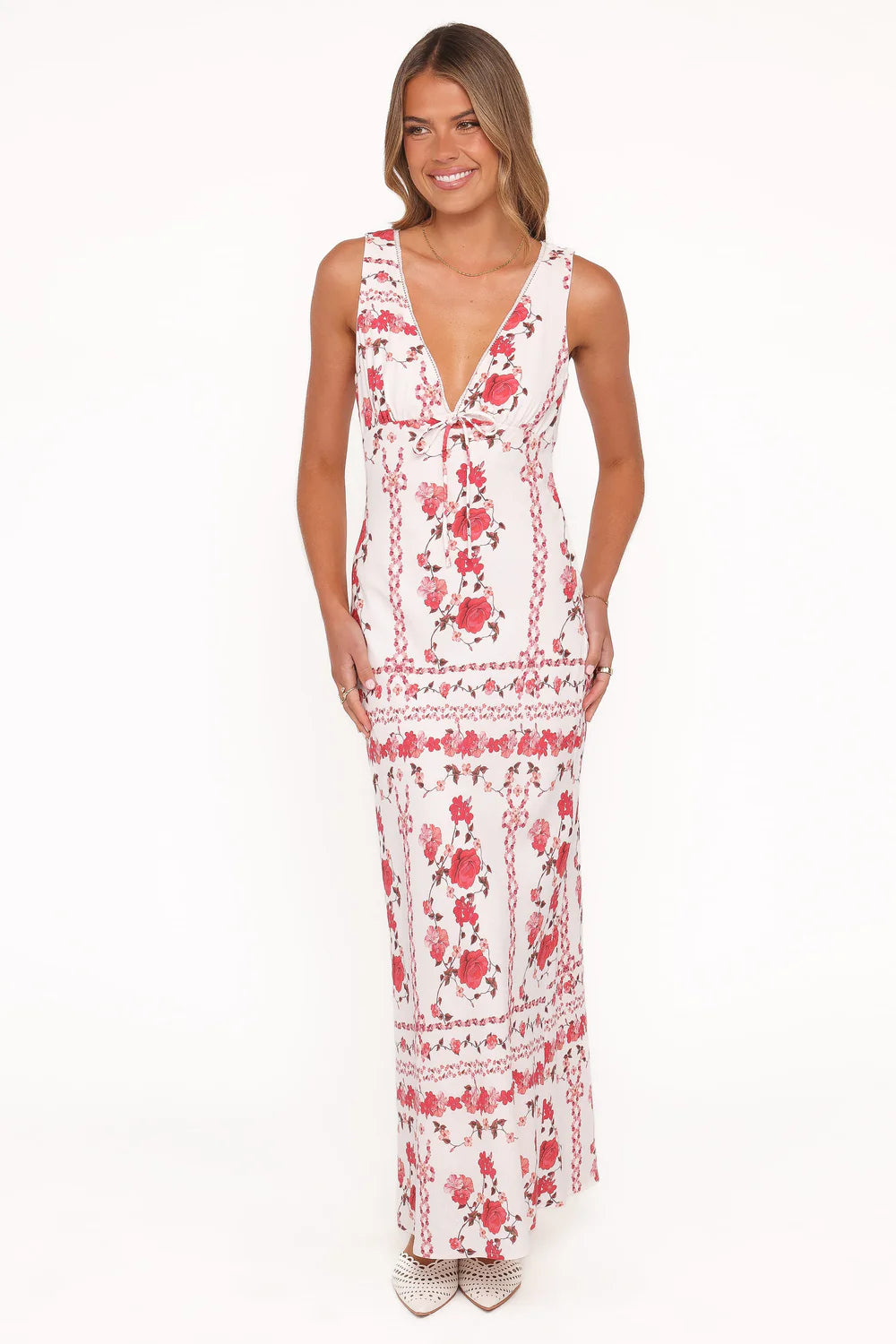 Amore Bias Cut Maxi Dress – Red Rose Floral Elegant Maxi Dress