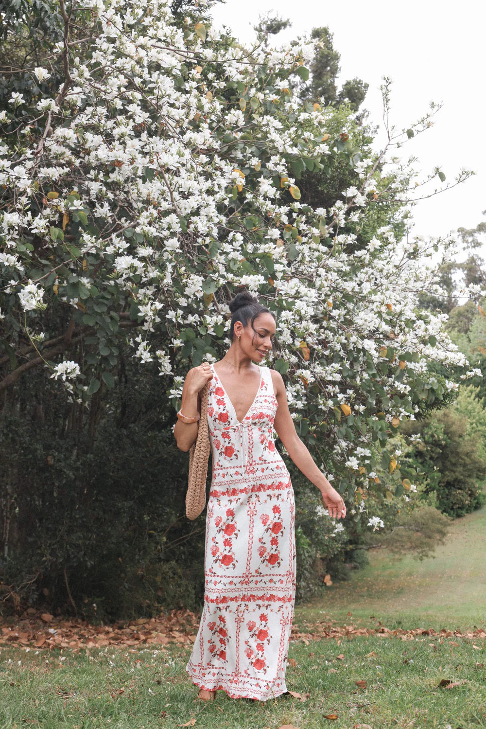 Amore Bias Cut Maxi Dress – Red Rose Floral Elegant Maxi Dress