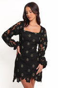 Bardley Long Sleeve Mini Dress – Black Lace Square Neck Mini Dress