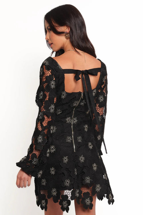 Bardley Long Sleeve Mini Dress – Black Lace Square Neck Mini Dress
