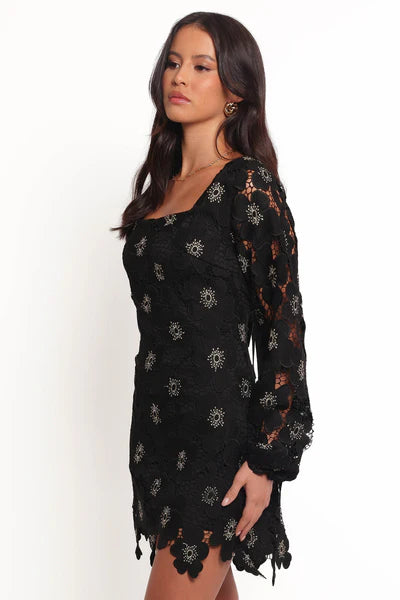 Bardley Long Sleeve Mini Dress – Black Lace Square Neck Mini Dress