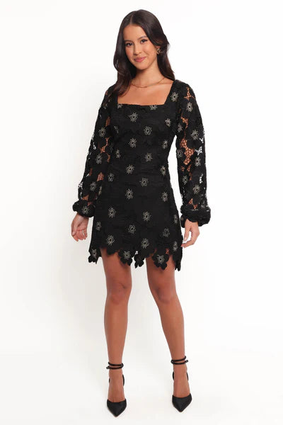 Bardley Long Sleeve Mini Dress – Black Lace Square Neck Mini Dress