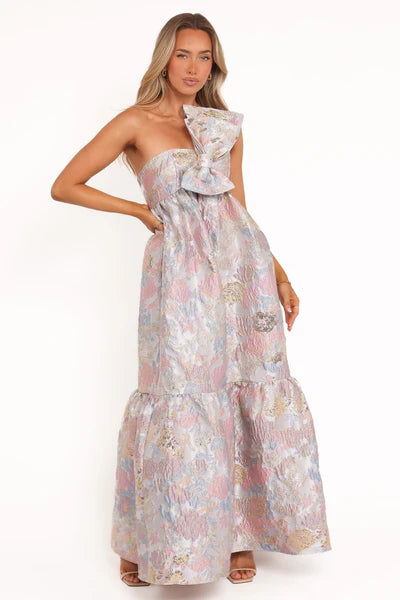 Betina Bow Front Maxi Dress – Pale Blue Floral One Shoulder Maxi Dress