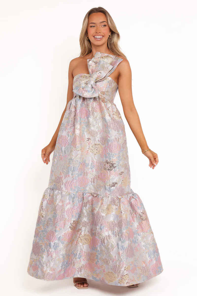 Betina Bow Front Maxi Dress – Pale Blue Floral One Shoulder Maxi Dress