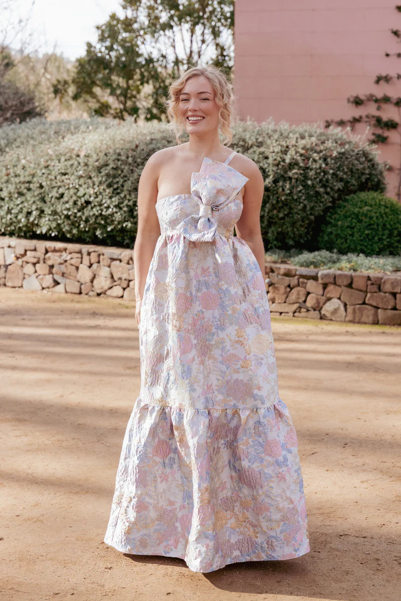 Betina Bow Front Maxi Dress – Pale Blue Floral One Shoulder Maxi Dress