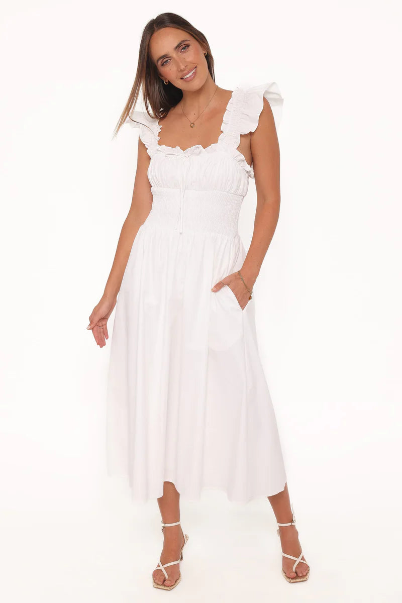 Bronte Midi Dress – White Cotton Square Neck Midi Dress