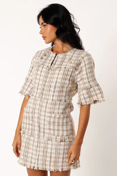 Calloway Mini Dress – Cream Tweed Zip Front Mini Dress