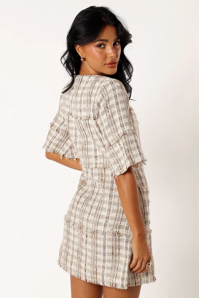 Calloway Mini Dress – Cream Tweed Zip Front Mini Dress