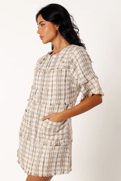 Calloway Mini Dress – Cream Tweed Zip Front Mini Dress