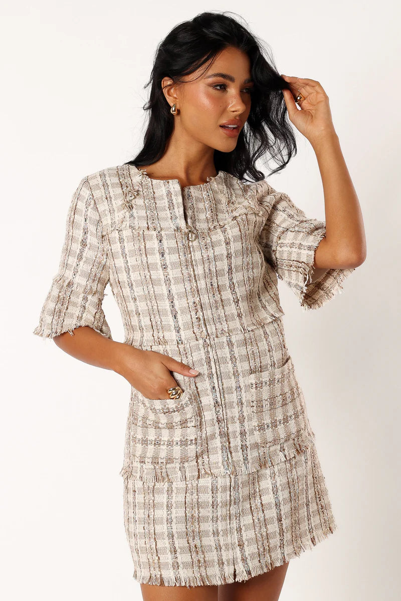 Calloway Mini Dress – Cream Tweed Zip Front Mini Dress
