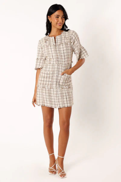 Calloway Mini Dress – Cream Tweed Zip Front Mini Dress