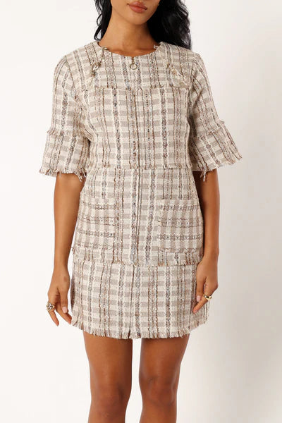 Calloway Mini Dress – Cream Tweed Zip Front Mini Dress