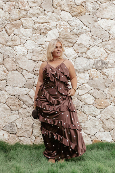Ciao Ruffles Maxi Satin Dress – Brown Polka Dot Satin Maxi Dress