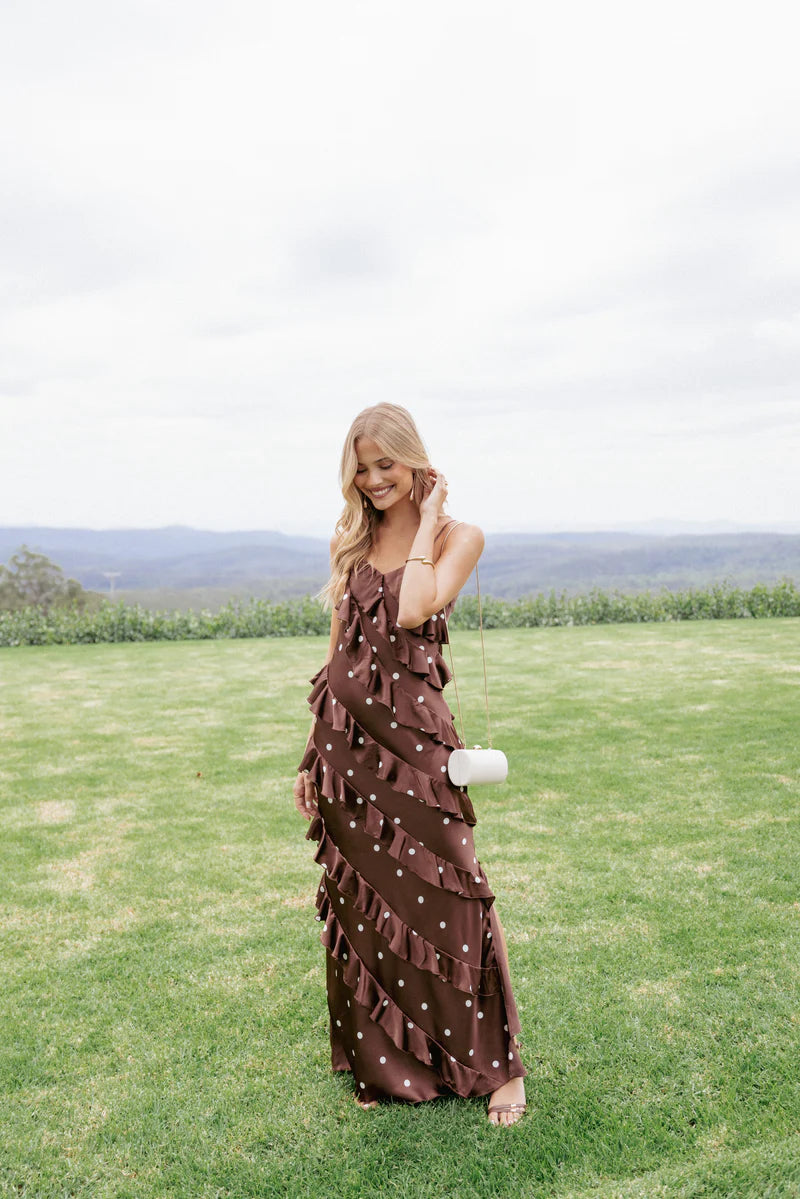 Ciao Ruffles Maxi Satin Dress – Brown Polka Dot Satin Maxi Dress