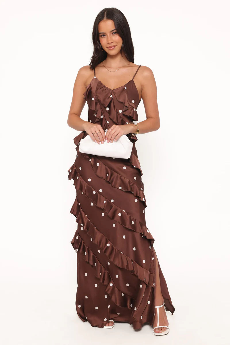 Ciao Ruffles Maxi Satin Dress – Brown Polka Dot Satin Maxi Dress