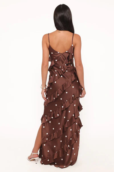 Ciao Ruffles Maxi Satin Dress – Brown Polka Dot Satin Maxi Dress