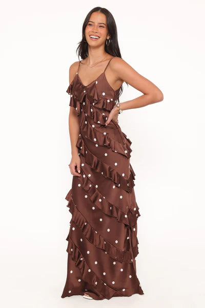 Ciao Ruffles Maxi Satin Dress – Brown Polka Dot Satin Maxi Dress