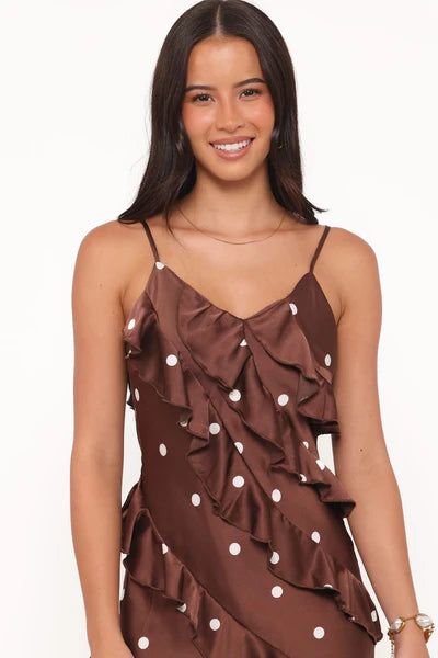 Ciao Ruffles Maxi Satin Dress – Brown Polka Dot Satin Maxi Dress