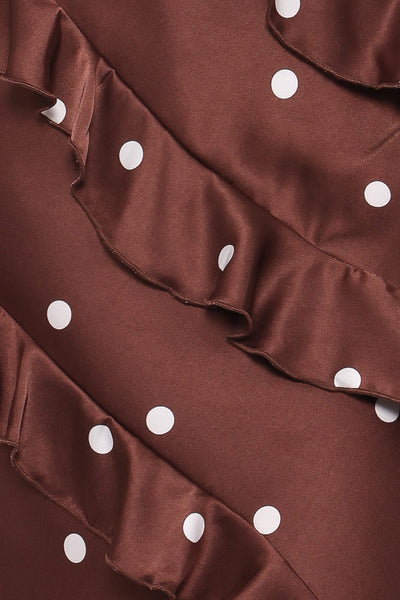 Ciao Ruffles Maxi Satin Dress – Brown Polka Dot Satin Maxi Dress