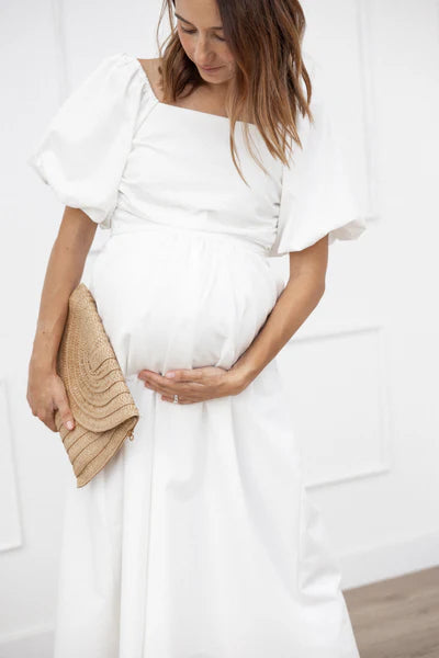 Clo Puff Sleeve Midi Dress – White Square Neck Puff Sleeve Midi Dress