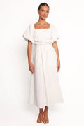 Clo Puff Sleeve Midi Dress – White Square Neck Puff Sleeve Midi Dress