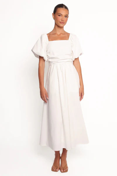 Clo Puff Sleeve Midi Dress – White Square Neck Puff Sleeve Midi Dress