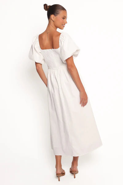 Clo Puff Sleeve Midi Dress – White Square Neck Puff Sleeve Midi Dress