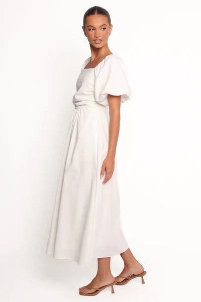 Clo Puff Sleeve Midi Dress – White Square Neck Puff Sleeve Midi Dress