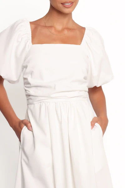 Clo Puff Sleeve Midi Dress – White Square Neck Puff Sleeve Midi Dress