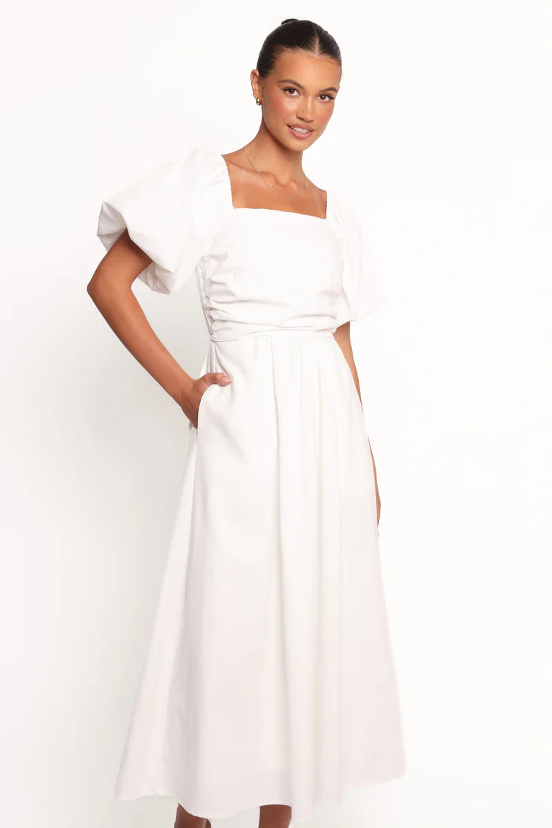 Clo Puff Sleeve Midi Dress – White Square Neck Puff Sleeve Midi Dress