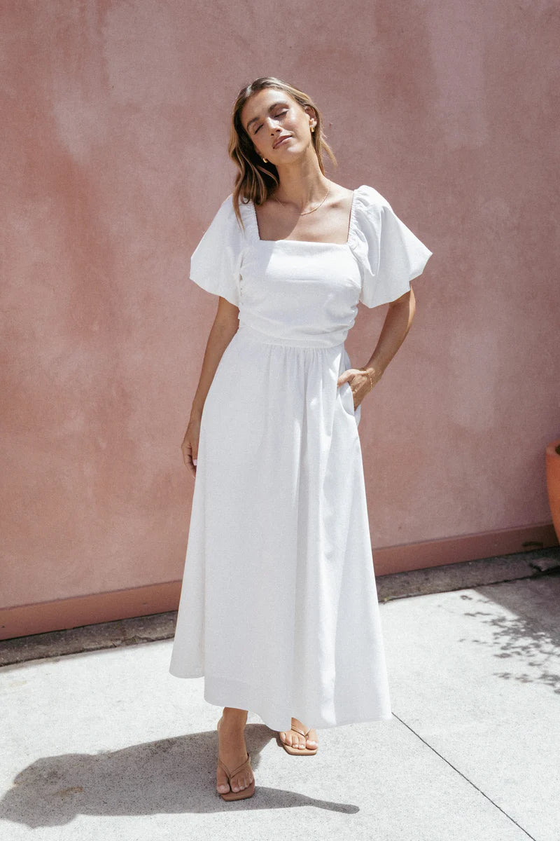 Clo Puff Sleeve Midi Dress – White Square Neck Puff Sleeve Midi Dress