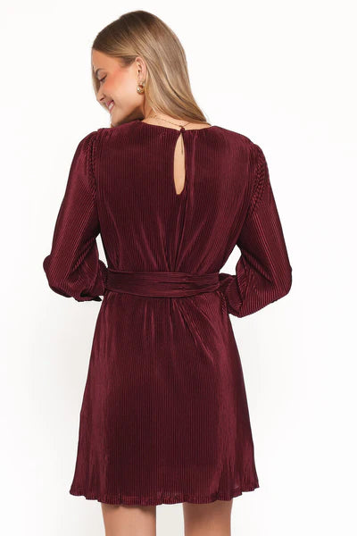 Joy Plisse Mini Dress – Burgundy Pleated Long Sleeve Mini Dress