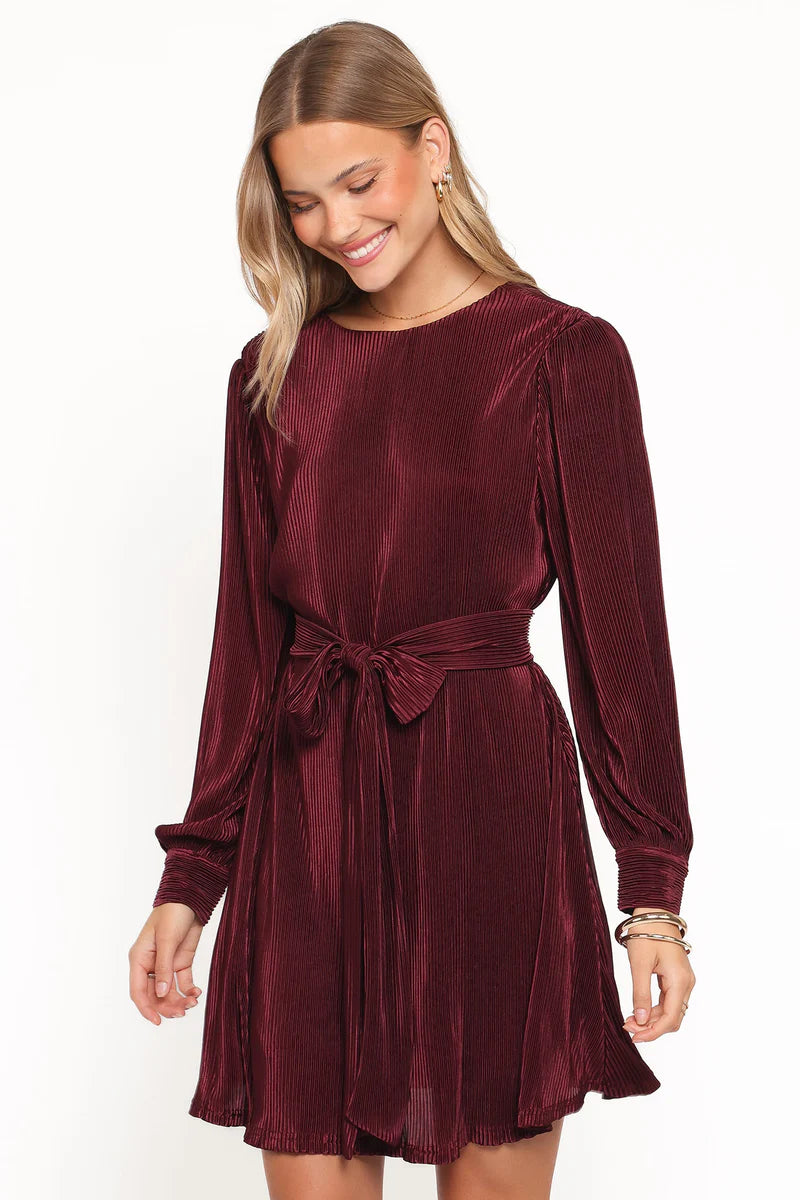 Joy Plisse Mini Dress – Burgundy Pleated Long Sleeve Mini Dress