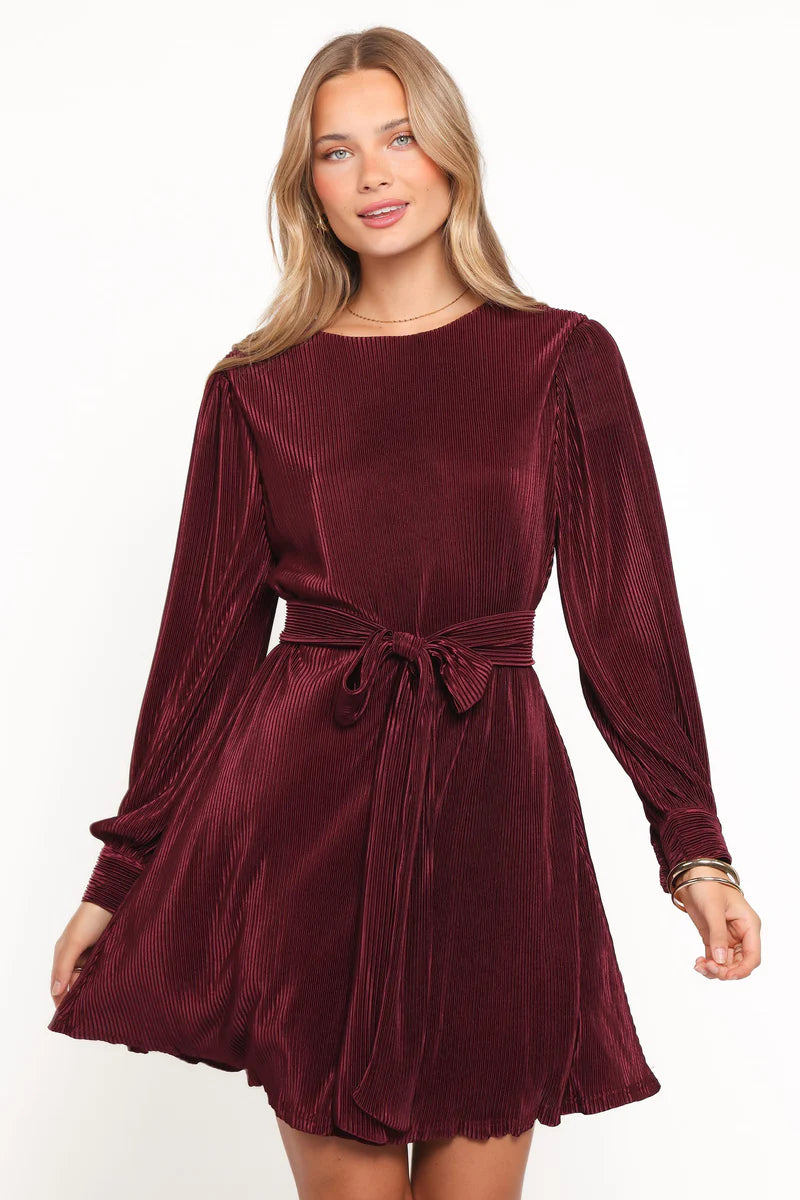 Joy Plisse Mini Dress – Burgundy Pleated Long Sleeve Mini Dress