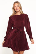 Joy Plisse Mini Dress – Burgundy Pleated Long Sleeve Mini Dress