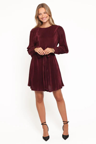 Joy Plisse Mini Dress – Burgundy Pleated Long Sleeve Mini Dress
