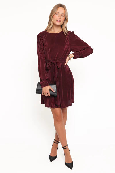 Joy Plisse Mini Dress – Burgundy Pleated Long Sleeve Mini Dress