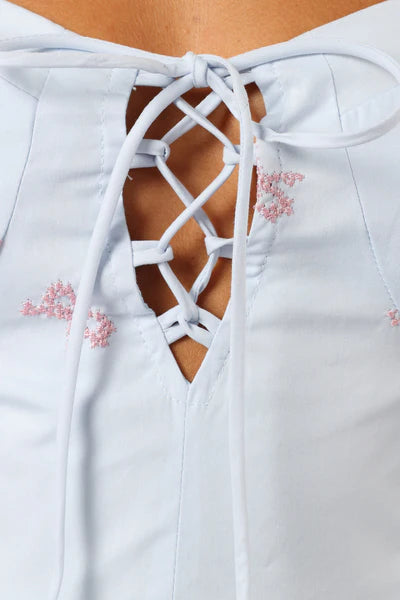 Lettie Mini Dress – Blue Embroidered Sweetheart Mini Dress