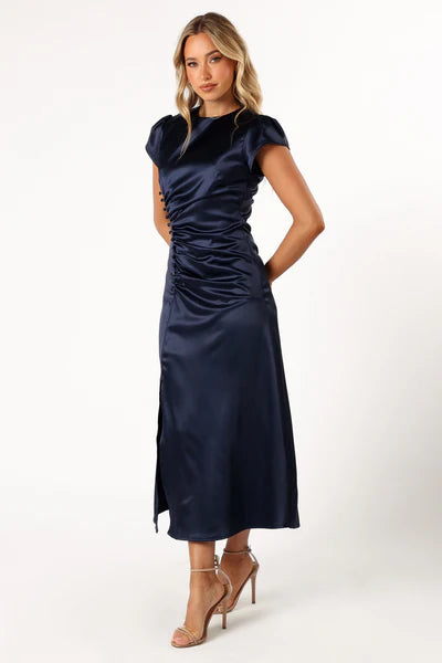 Lisbeth Midi Dress – Navy Satin Floral Midi Dress