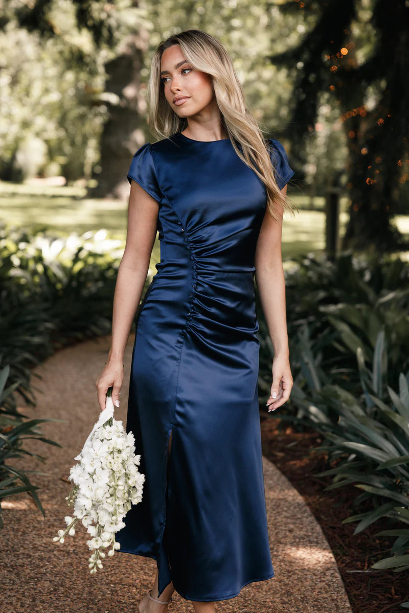Lisbeth Midi Dress – Navy Satin Floral Midi Dress