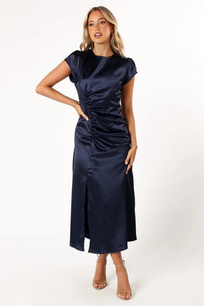 Lisbeth Midi Dress – Navy Satin Floral Midi Dress