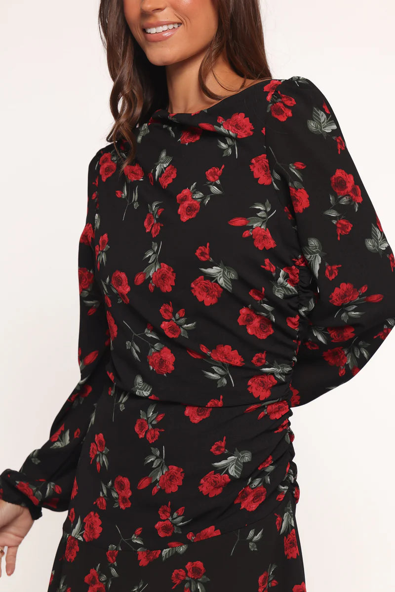Mariska Long Sleeve Mini Dress – Rose Print Boat Neck Mini Dress