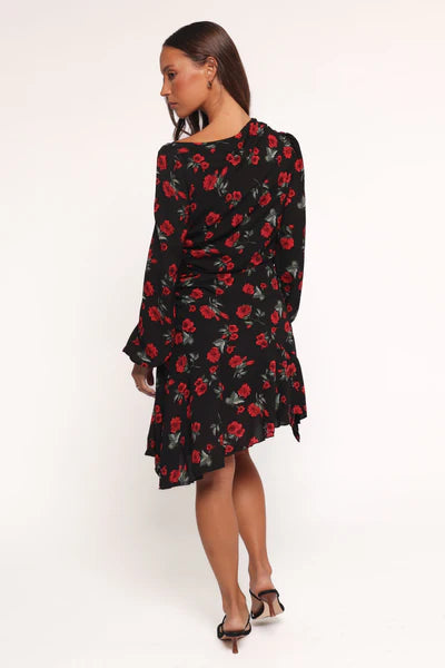 Mariska Long Sleeve Mini Dress – Rose Print Boat Neck Mini Dress