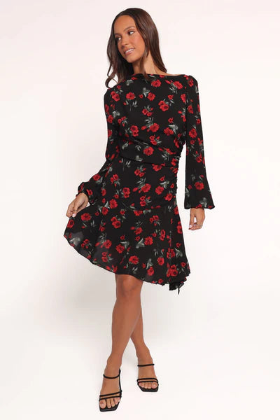 Mariska Long Sleeve Mini Dress – Rose Print Boat Neck Mini Dress