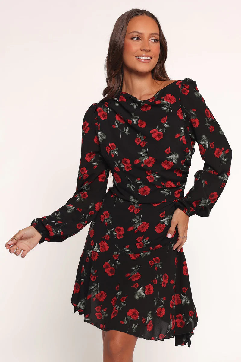 Mariska Long Sleeve Mini Dress – Rose Print Boat Neck Mini Dress