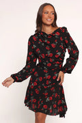 Mariska Long Sleeve Mini Dress – Rose Print Boat Neck Mini Dress