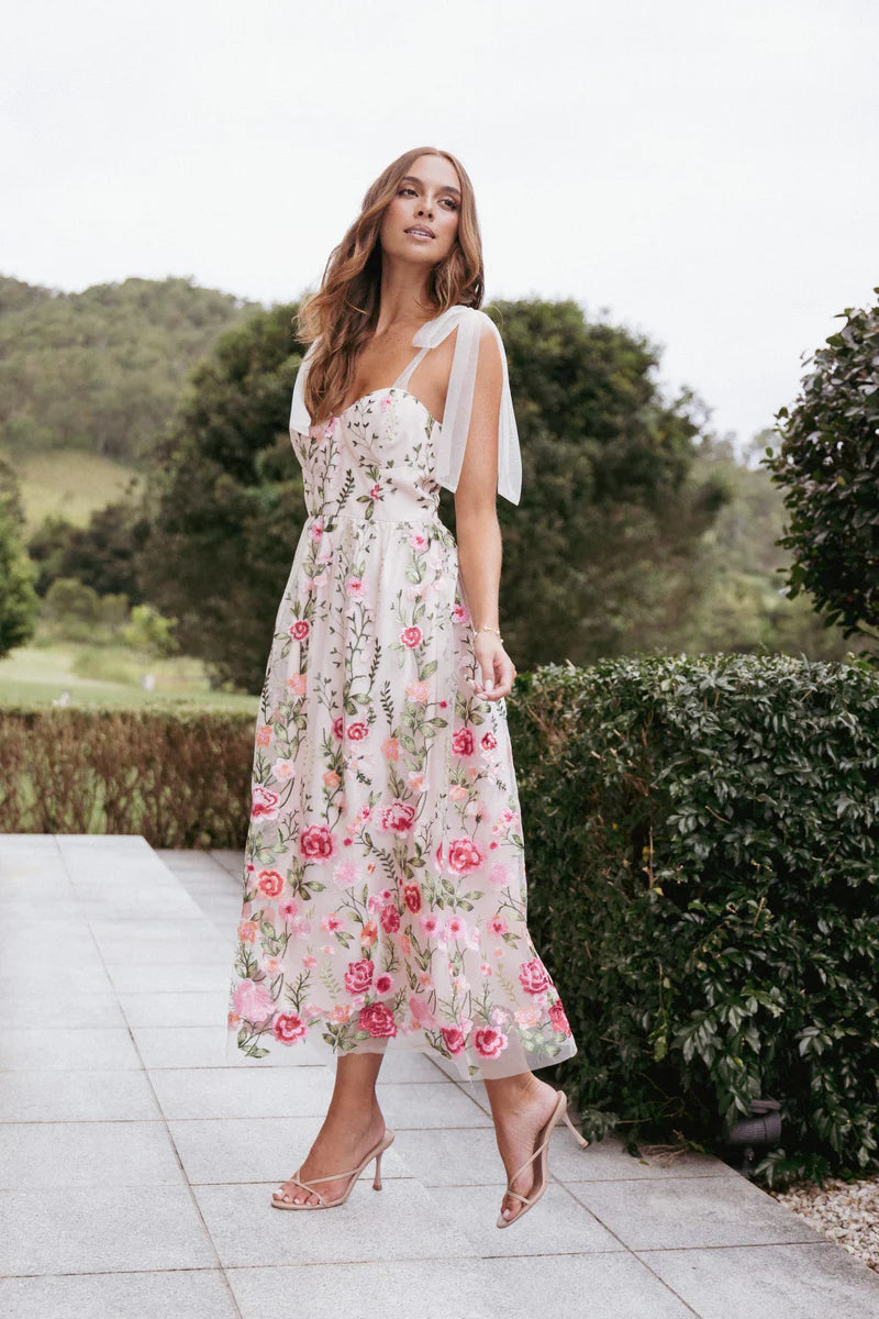 Mirabel Midi Dress – Multi Floral Sweetheart Neck Midi Dress